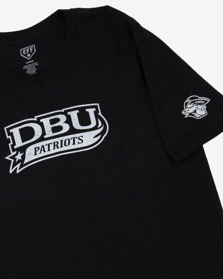 The EFF Dallas Baptist University T-Shirt features a bold white DBU PATRIOTS logo on the chest and a small mascot head with DBU text on the left sleeve—perfect for fans of collegiate baseball.