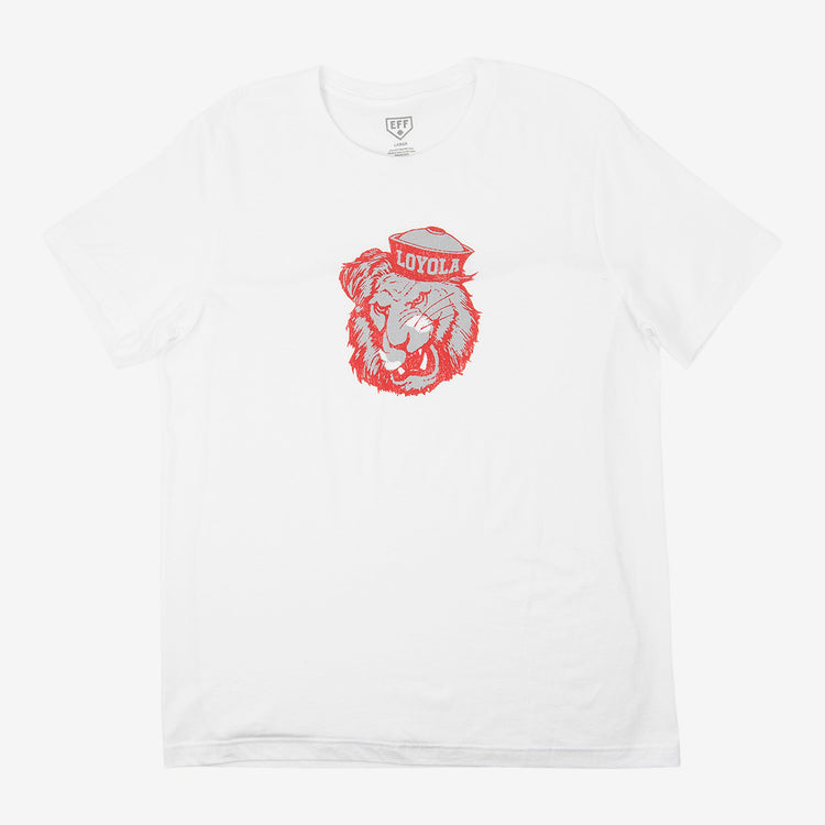 EFF Loyola Marymount University T-Shirt—white, with a red outline lion in a sailor hat labeled LOYOLA on the front center; a standout premium unisex tee.