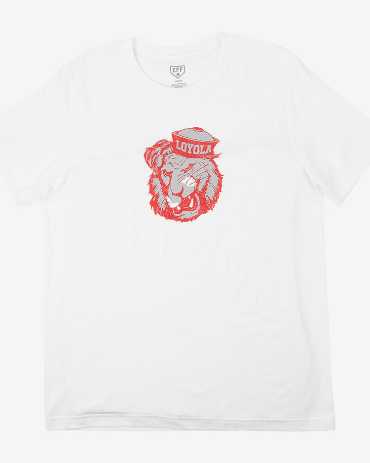 EFF Loyola Marymount University T-Shirt—white, with a red outline lion in a sailor hat labeled LOYOLA on the front center; a standout premium unisex tee.