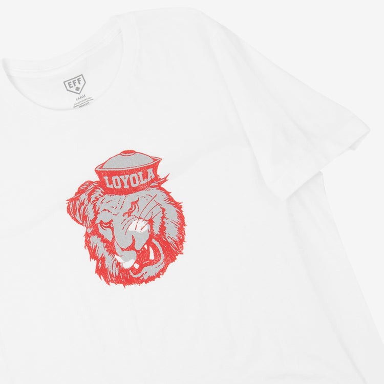 The EFF Loyola Marymount University T-Shirt is a white unisex shirt with a bold red tiger in a beret and Loyola text, perfect for fans seeking standout basketball apparel.