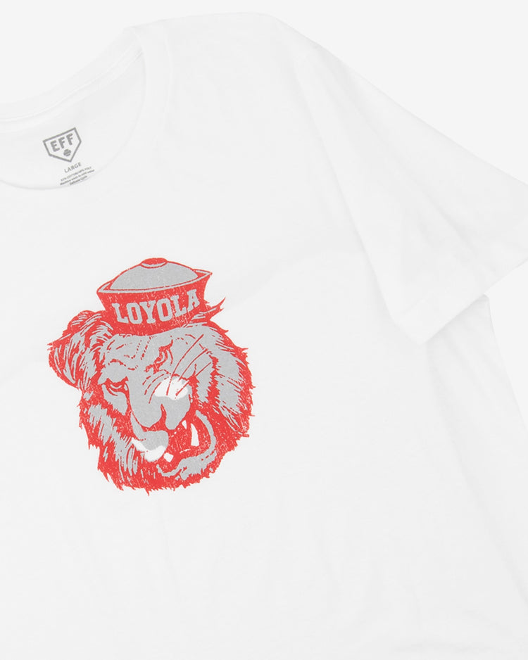 The EFF Loyola Marymount University T-Shirt is a white unisex shirt with a bold red tiger in a beret and Loyola text, perfect for fans seeking standout basketball apparel.