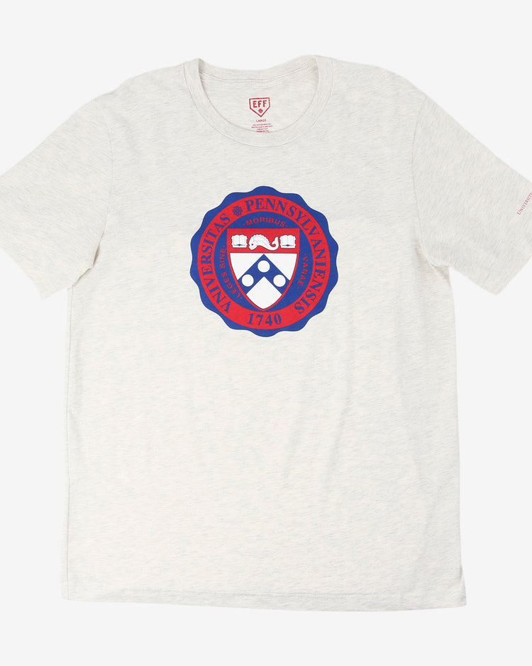 Show your Penn pride with the EFF University of Pennsylvania T-Shirt in natural, featuring the iconic UPenn seal in red and blue with “Universitas Pennsylvaniensis 1740” on the chest—perfect for any Quakers fan or future NFL draft pick.