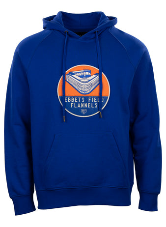 The EFF Ebbets Field Flannels French Terry Script Hooded Sweatshirt features a royal blue color, front pocket, drawstrings, and a circular orange and white logo with an illustrated stadium—ideal for Ebbets fans.