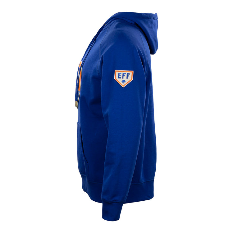 The EFF French Terry Script Hooded Sweatshirt in royal blue features a side view, hood, front pocket, and EFF patch on the sleeve—ideal for Ebbets fans seeking classic historical sportswear style.