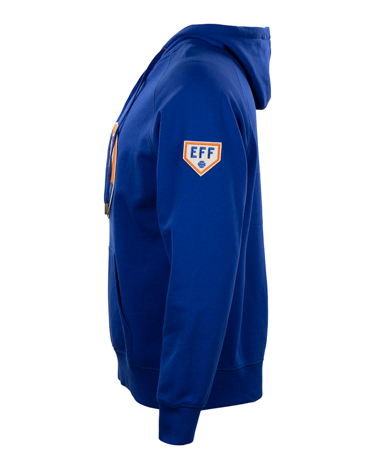 The EFF French Terry Script Hooded Sweatshirt in royal blue features a side view, hood, front pocket, and EFF patch on the sleeve—ideal for Ebbets fans seeking classic historical sportswear style.