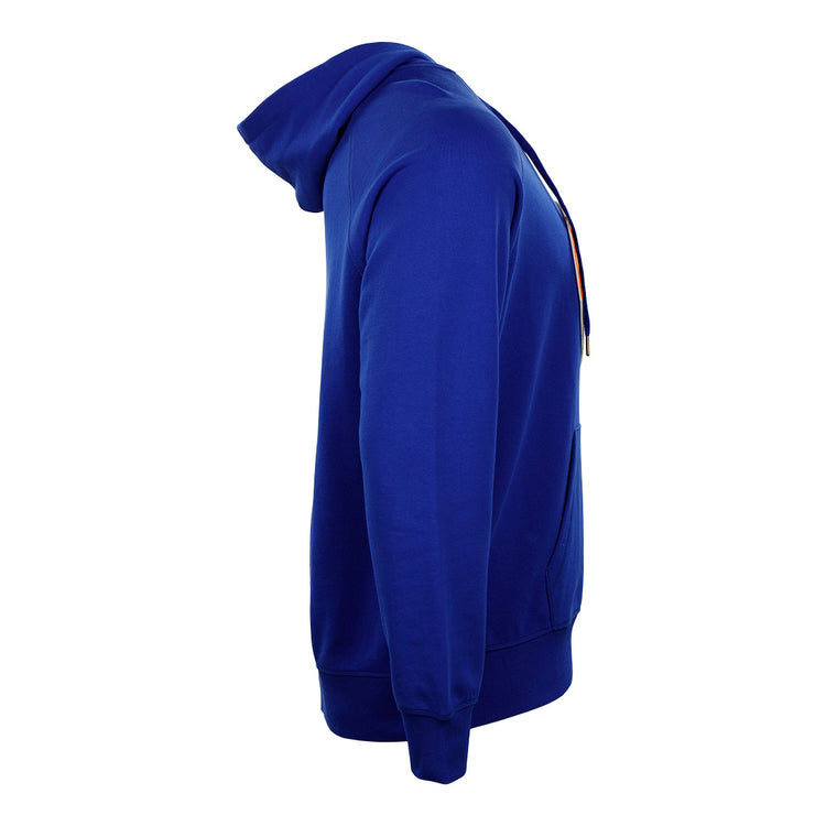 The EFF Ebbets Field Flannels French Terry Script Hooded Sweatshirt in royal blue, featuring a side view with front pocket, long sleeves, ribbed cuffs and hem—ideal for historical sportswear fans—displayed on a plain white background.