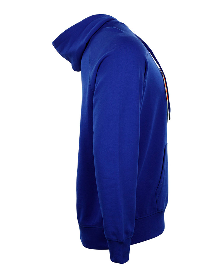 The EFF Ebbets Field Flannels French Terry Script Hooded Sweatshirt in royal blue, featuring a side view with front pocket, long sleeves, ribbed cuffs and hem—ideal for historical sportswear fans—displayed on a plain white background.