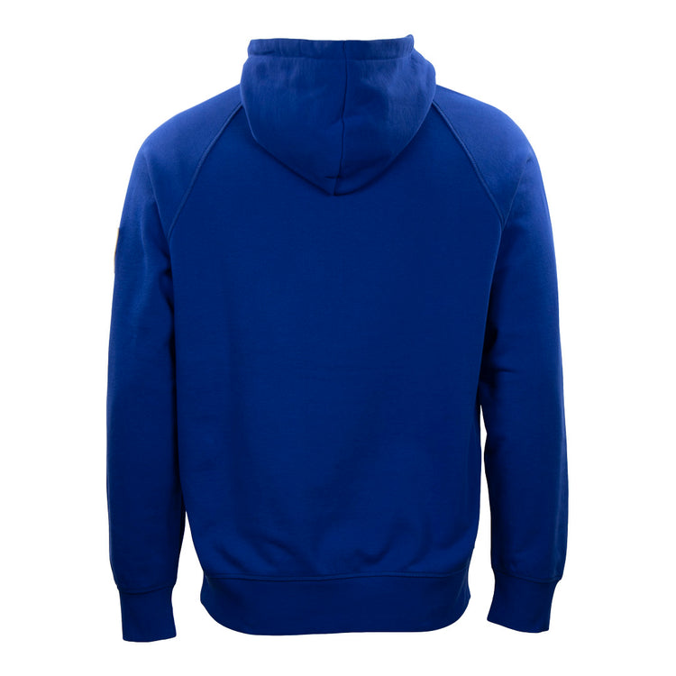 The EFF Ebbets Field Flannels French Terry Script Hooded Sweatshirt in plain royal blue features a hood, long sleeves, and ribbed cuffs and hem—offering an authentic vintage look with no logos or designs.