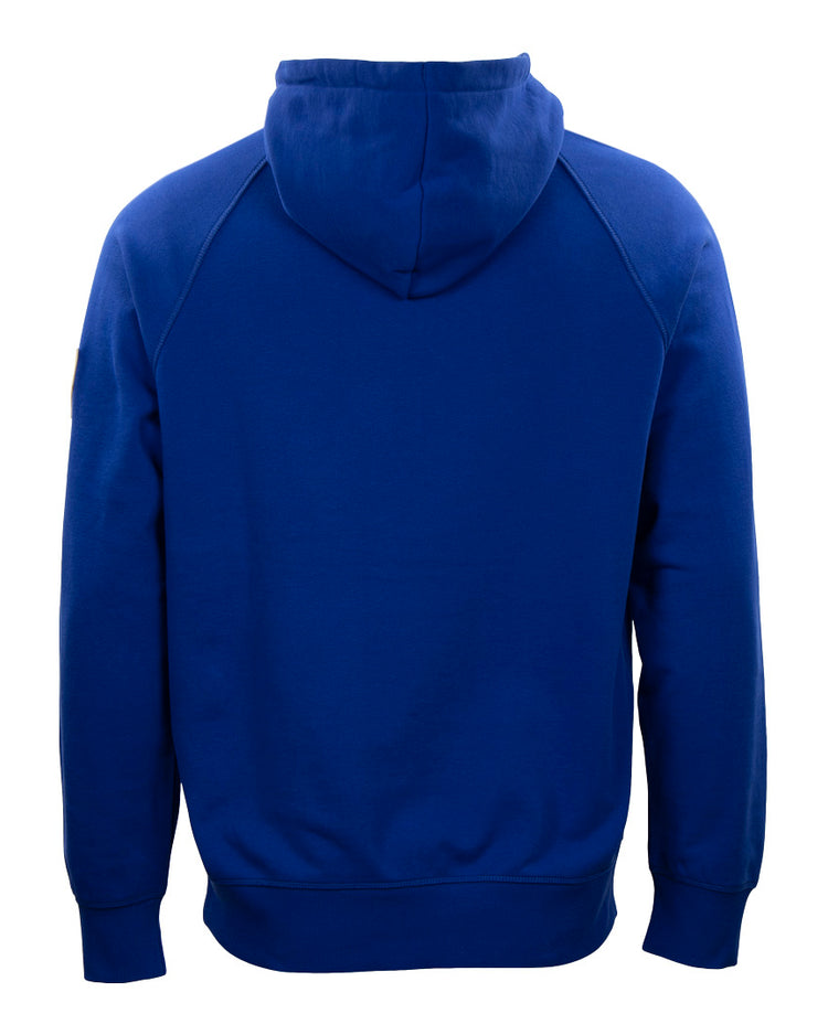 The EFF Ebbets Field Flannels French Terry Script Hooded Sweatshirt in plain royal blue features a hood, long sleeves, and ribbed cuffs and hem—offering an authentic vintage look with no logos or designs.