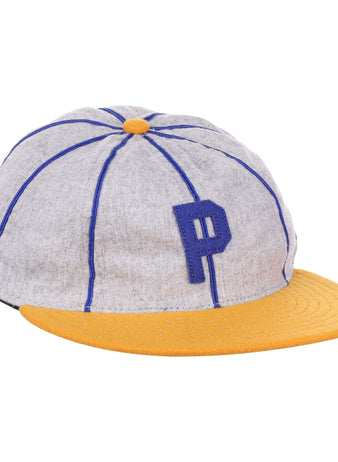 The EFF Pasadena Merchants 1919 Vintage 8-Panel Ballcap features gray wool with blue piping, a blue P front, and a yellow brim and button—an authentic California Winter League classic.
