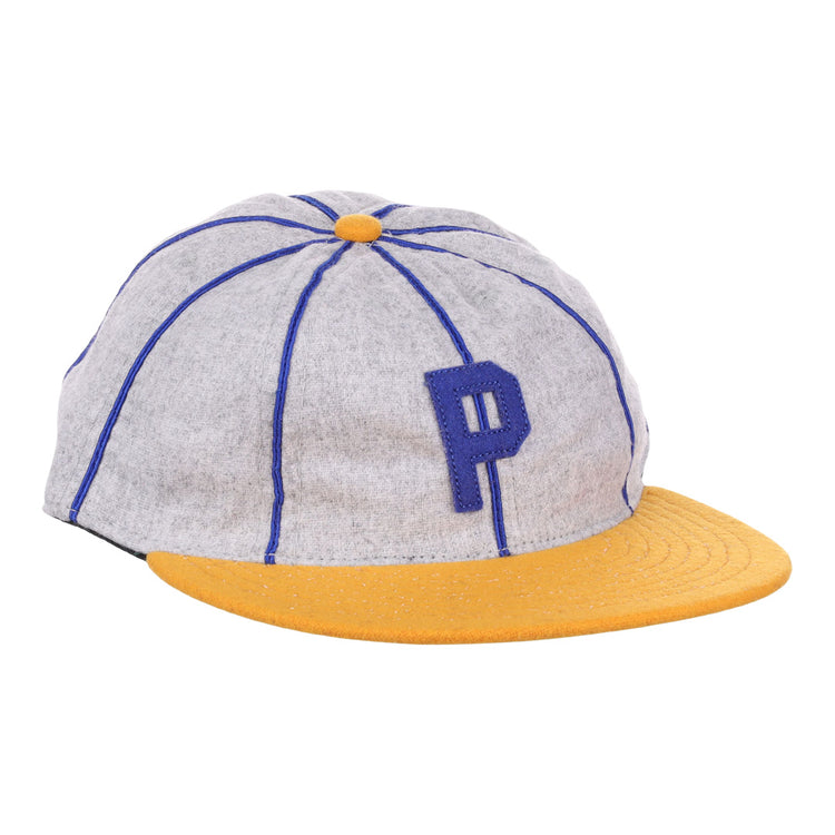 The EFF Pasadena Merchants 1919 Vintage 8-Panel Ballcap features gray wool with blue piping, a blue P front, and a yellow brim and button—an authentic California Winter League classic.