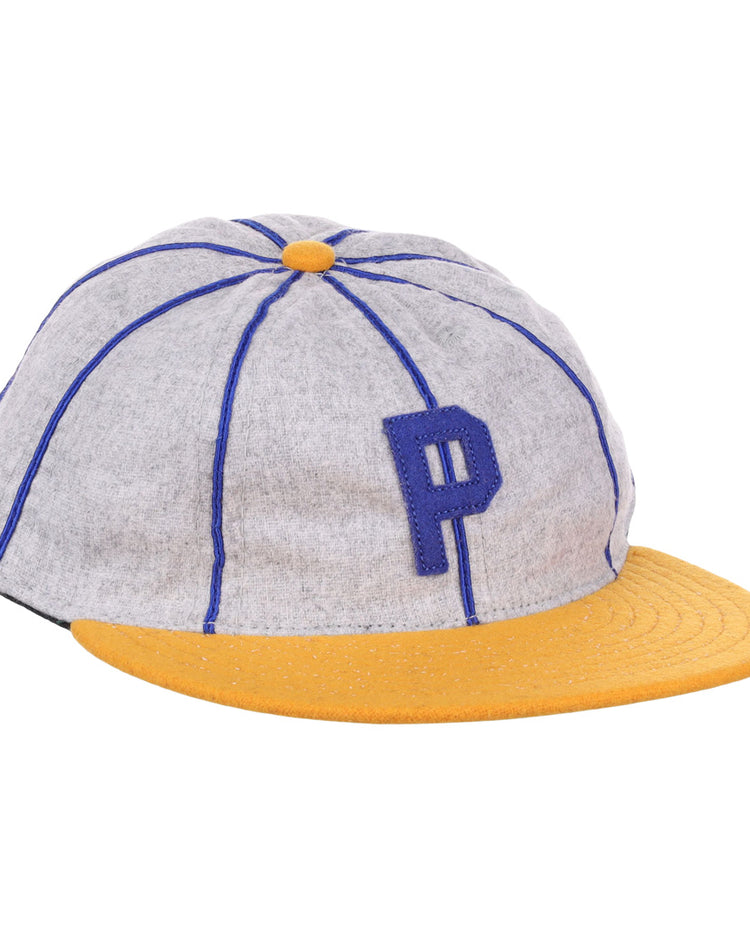 The EFF Pasadena Merchants 1919 Vintage 8-Panel Ballcap features gray wool with blue piping, a blue P front, and a yellow brim and button—an authentic California Winter League classic.
