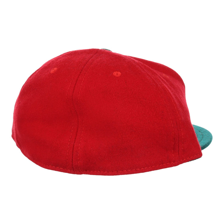 The M&O Cigars 1946 Vintage Ballcap by EFF is a red cap shown from the back, with a teal brim partially visible on the right. Its soft fabric and visible stitching evoke timeless, classic style.
