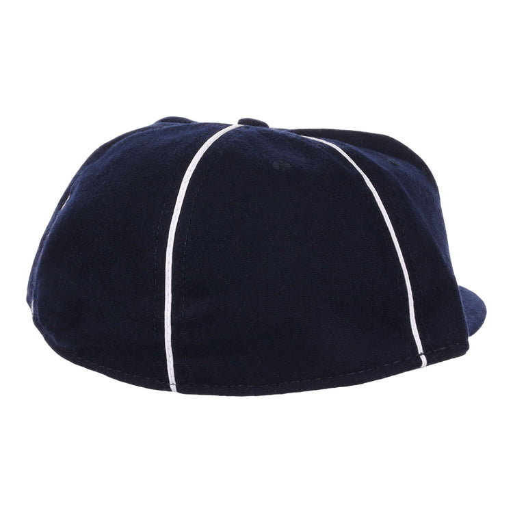 The EFF Santa Cruz Crabs 1908 Vintage Ballcap is dark blue with white vertical stripes, seen from the back, and features a soft, rounded shape plus a small brim made from genuine wool baseball cloth.