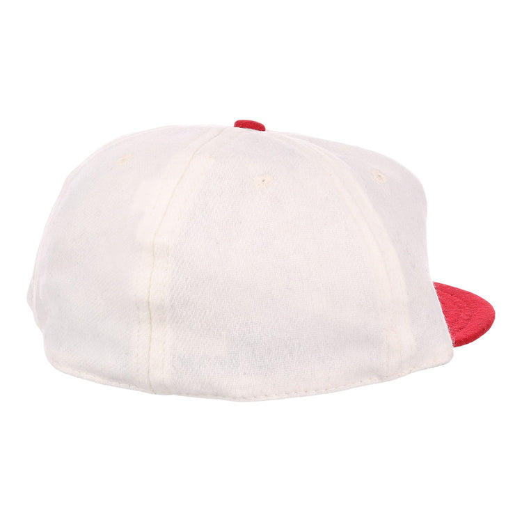 The EFF Nebraska State Prison 1923 Vintage Ballcap is a white wool cap with a red brim, visible stitching, and no logos or patterns, shown from the back and inspired by the original 1923 design.