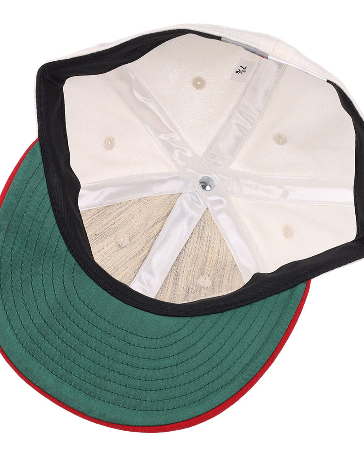 The image shows the inside of the EFF Nebraska State Prison 1923 Vintage Ballcap, featuring visible inner seams, a green brim with red edge, and a silver top button for an authentic reproduction look.
