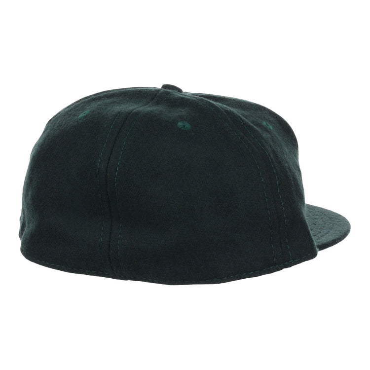 The EFF Brooklyn Manhattan Transit Company 1939 Vintage Ballcap is a dark green wool hat shown from the back, featuring sealed paneling and visible seam and brim stitching—a classic throwback to vintage BMT style.