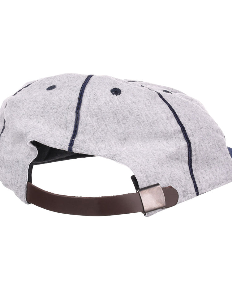 The EFF Columbia Park 1909 Vintage 8-Panel Ballcap is light gray with dark blue stitching, ventilation eyelets, and an adjustable brown leather strap with a metal clasp—perfect for fans of the Columbia Park Boys Club.