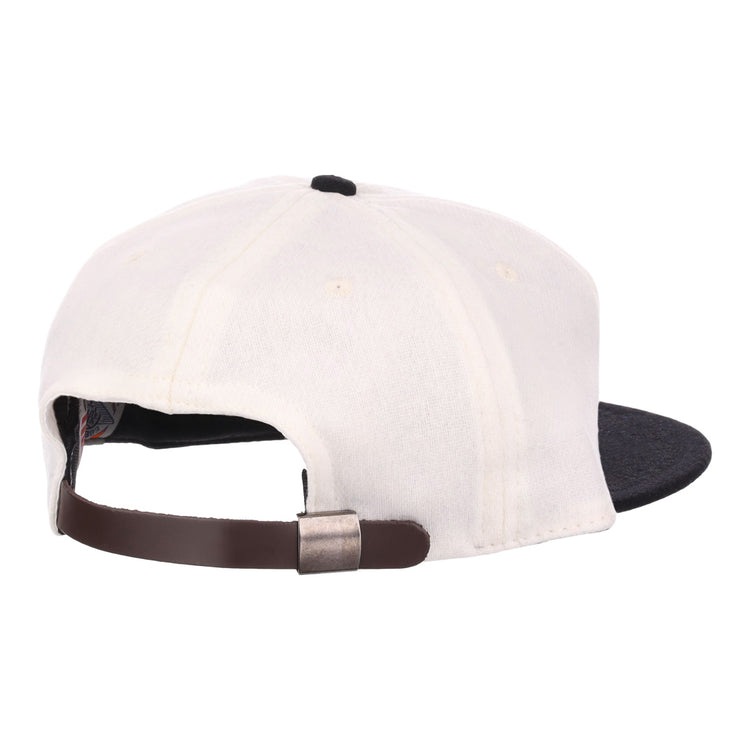 The EFF Thespians 1919 Vintage Ballcap is white with a black brim, shown from the back with a brown leather adjustable strap and metal buckle—an authentic classic reproduction.
