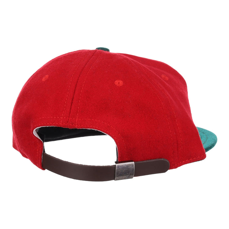 The EFF M&O Cigars 1946 Vintage Ballcap is shown from the back, highlighting its brown adjustable strap with a metallic buckle and a green bill peeking out on the right.
