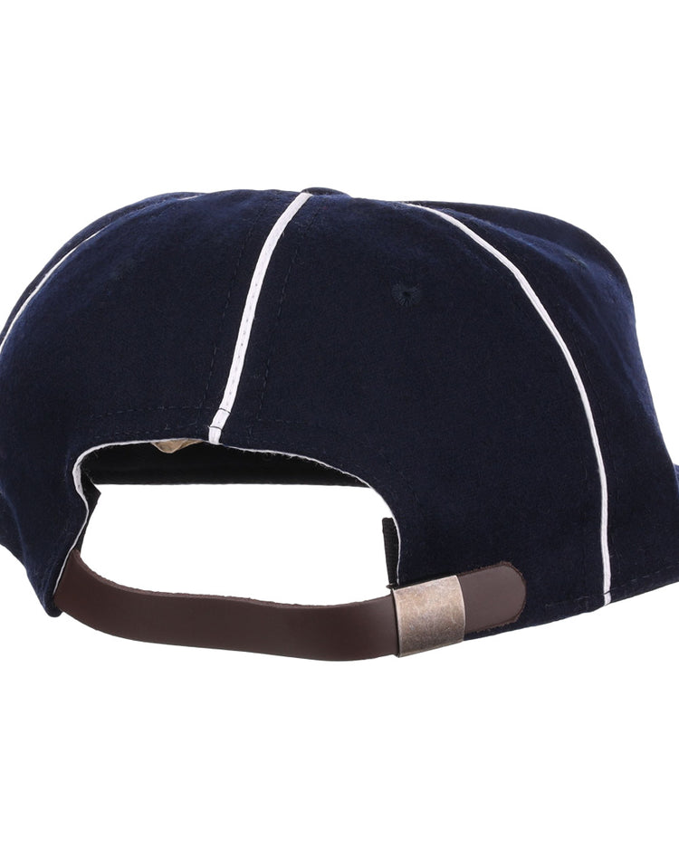 The back of the EFF Santa Cruz Crabs 1908 Vintage Ballcap in navy with white piping features an adjustable brown strap and metal clasp, all crafted from genuine wool baseball cloth.