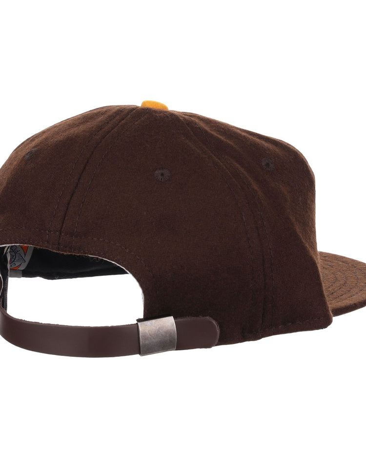 The EFF Independent Subway System 1939 Vintage Ballcap is a brown, genuine wool baseball cap with a curved brim and an adjustable metal-strap back, inspired by the classic original style.