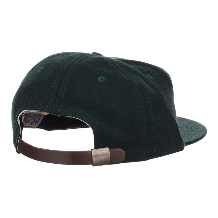 The EFF Brooklyn Manhattan Transit Company 1939 Vintage Ballcap is a dark green wool cap inspired by vintage BMT hats, seen from the back, with a brown leather adjustable strap and metal clasp for size adjustment.