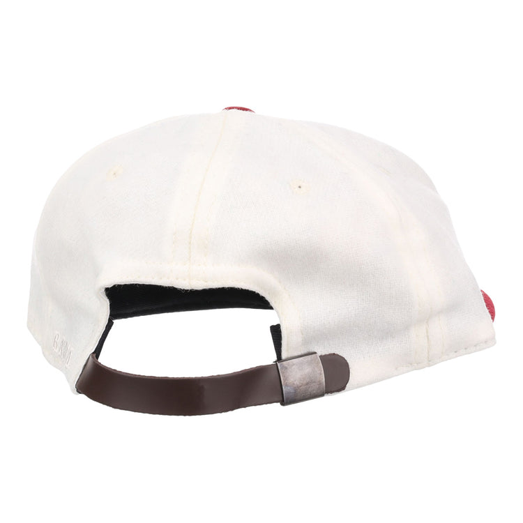 The EFF University of Alabama 1950 Vintage Ballcap in white wool is shown from the back, highlighting its brown adjustable leather strap with a metallic clasp—ideal for College World Series fans.