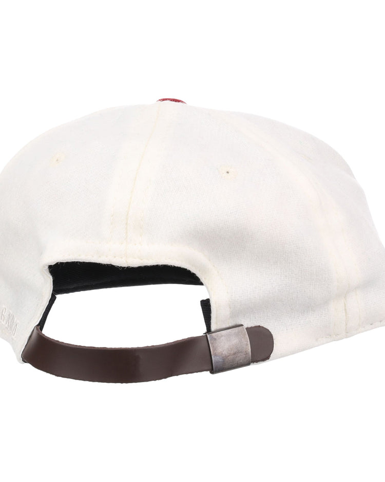 The EFF University of Alabama 1950 Vintage Ballcap in white wool is shown from the back, highlighting its brown adjustable leather strap with a metallic clasp—ideal for College World Series fans.