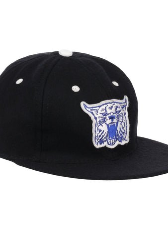 The University of Kentucky Mascot Vintage Ballcap by EFF is a black cap with a white embroidered Wildcats logo and white stitched eyelets—ideal for classic college sports fans.