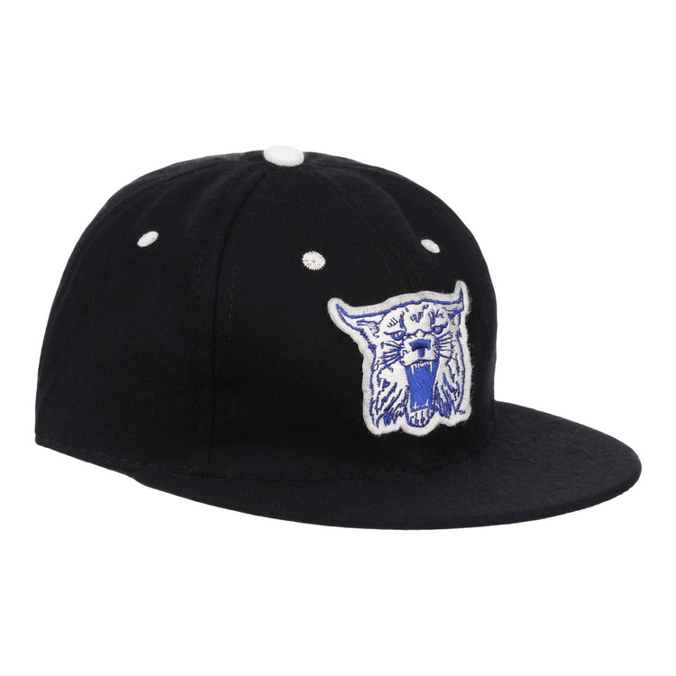 The University of Kentucky Mascot Vintage Ballcap by EFF is a black cap with a white embroidered Wildcats logo and white stitched eyelets—ideal for classic college sports fans.