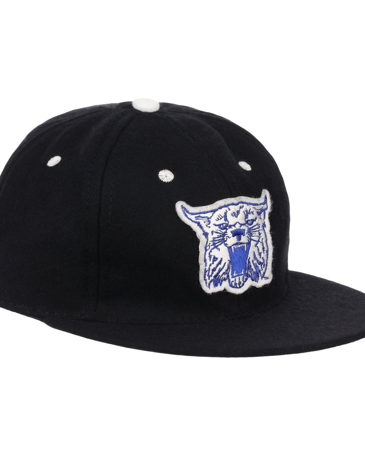 The University of Kentucky Mascot Vintage Ballcap by EFF is a black cap with a white embroidered Wildcats logo and white stitched eyelets—ideal for classic college sports fans.