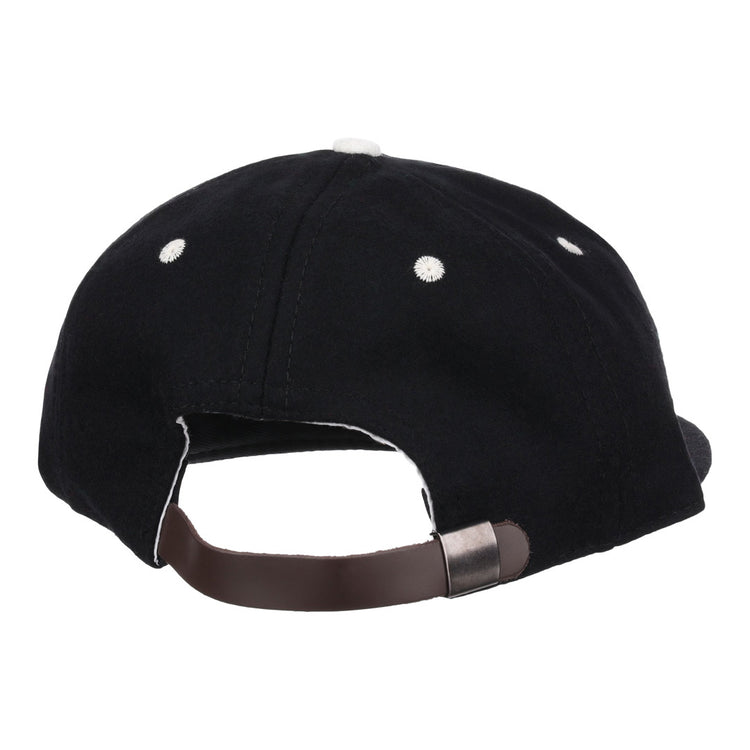 A black EFF University of Kentucky Mascot Vintage Ballcap seen from the back, featuring a brown adjustable strap with metal buckle, white stitching, and ventilation eyelets—design inspired by classic college sports mascots.
