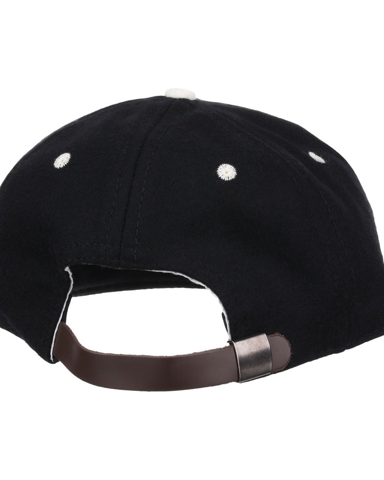 A black EFF University of Kentucky Mascot Vintage Ballcap seen from the back, featuring a brown adjustable strap with metal buckle, white stitching, and ventilation eyelets—design inspired by classic college sports mascots.