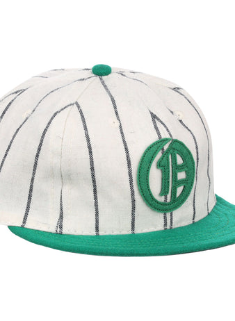 The EFF University of Oregon 1921 Vintage Ballcap is a white wool cap with black pinstripes, a green brim and button, and features a green embroidered circular logo with intertwined B and F—an authentic reproduction of classic style.