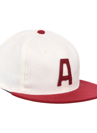 The EFF University of Alabama 1950 Vintage Ballcap is a white wool cap with a red brim, large red A on the front, and matching red button—ideal for fans of classic Alabama style.