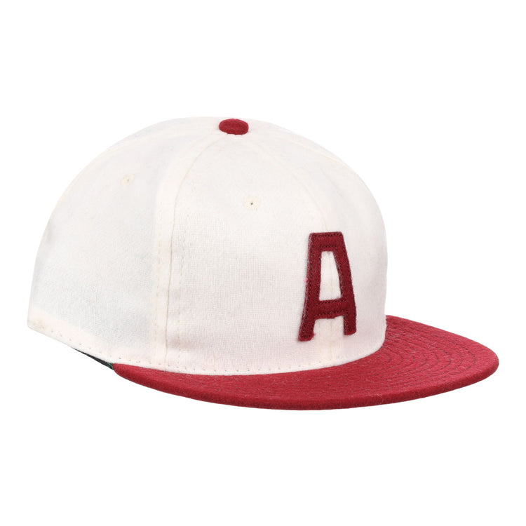 The EFF University of Alabama 1950 Vintage Ballcap is a white wool cap with a red brim, large red A on the front, and matching red button—ideal for fans of classic Alabama style.