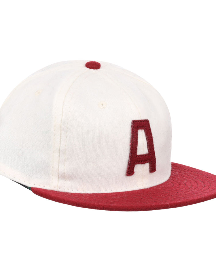 The EFF University of Alabama 1950 Vintage Ballcap is a white wool cap with a red brim, large red A on the front, and matching red button—ideal for fans of classic Alabama style.