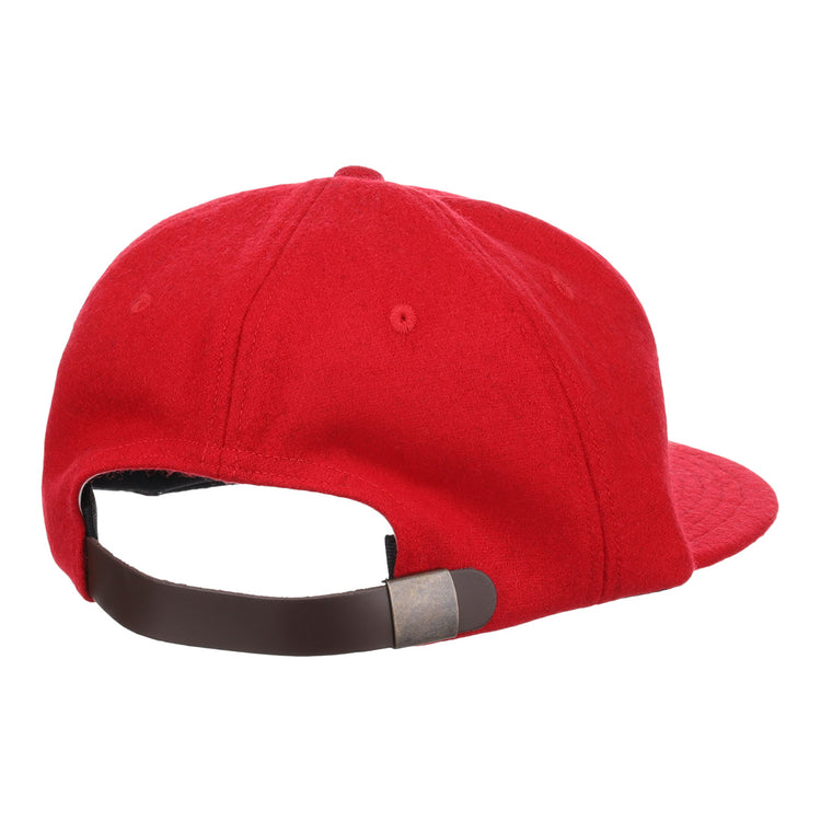 The EFF Coastal Carolina University 1968 Vintage Ballcap is shown from the back in red, featuring an adjustable dark brown leather strap with a metal buckle.