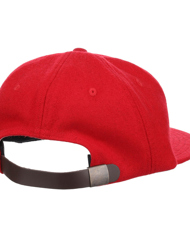 The EFF Coastal Carolina University 1968 Vintage Ballcap is shown from the back in red, featuring an adjustable dark brown leather strap with a metal buckle.