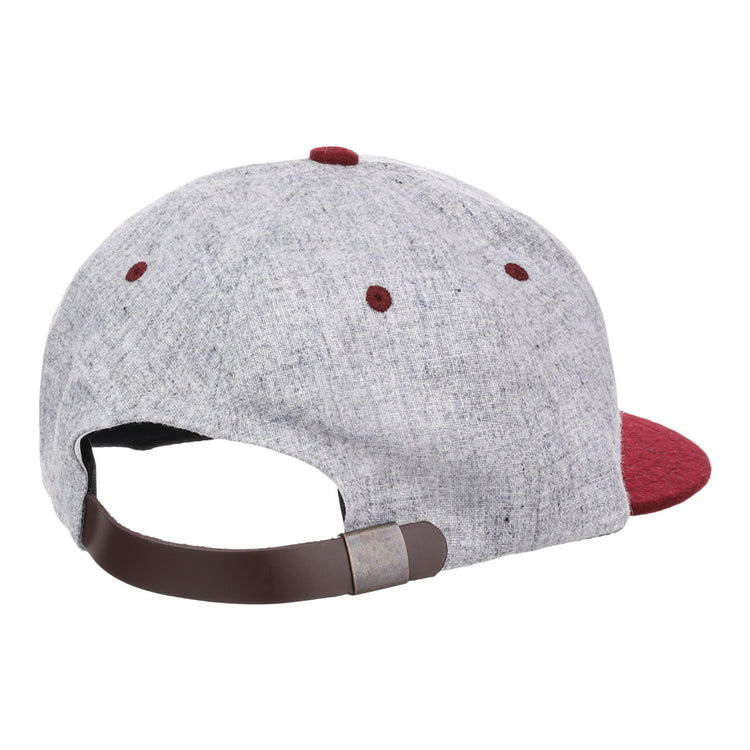 The EFF University of South Carolina 1949 Vintage Ballcap is gray and red, shown from the back with a brown adjustable strap and metal clasp, plus red accents on the top button and eyelets.