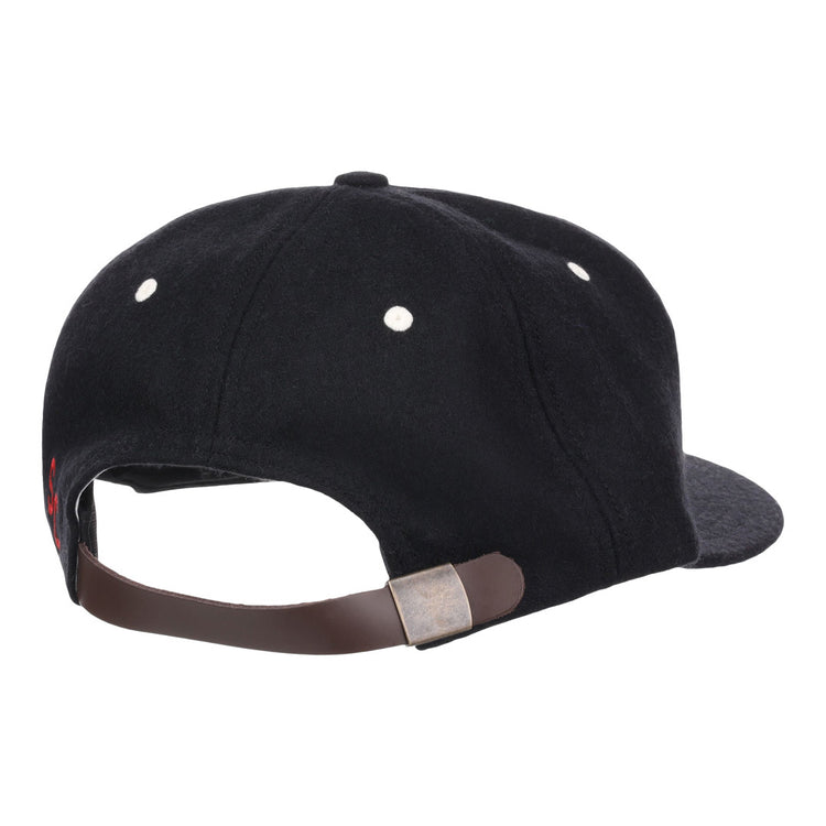 A rear view of the EFF University of South Carolina Gamecocks Mascot Vintage Ballcap in black, with a brown adjustable leather strap, metal buckle, and white stitched eyelets—classic Gamecock baseball style.