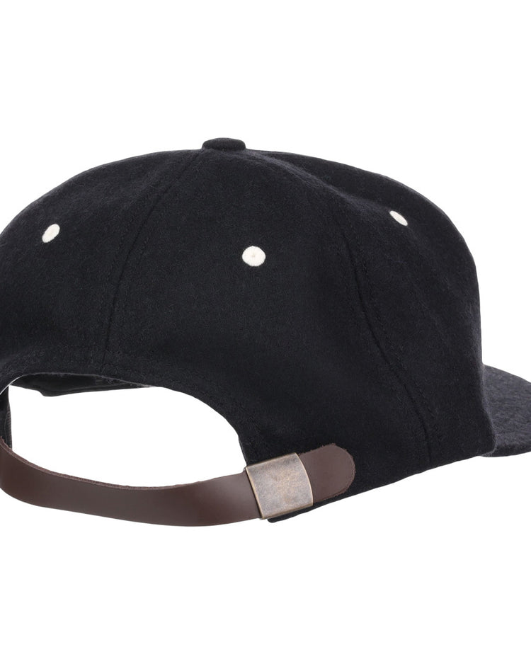 A rear view of the EFF University of South Carolina Gamecocks Mascot Vintage Ballcap in black, with a brown adjustable leather strap, metal buckle, and white stitched eyelets—classic Gamecock baseball style.