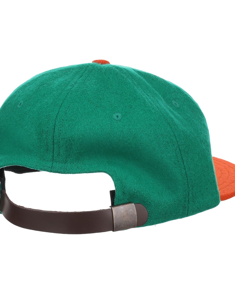 The EFF Florida A&M University 1969 Vintage Ballcap is a green hat with an orange brim, shown from the back, and features a brown adjustable strap with metal clasp.