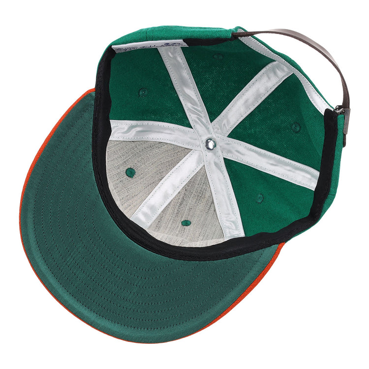 A top-down view of the EFF Florida A&M University 1969 Vintage Ballcap, featuring a green crown, orange brim, white interior seams, and adjustable brown strap—authentic wool design with classic style.