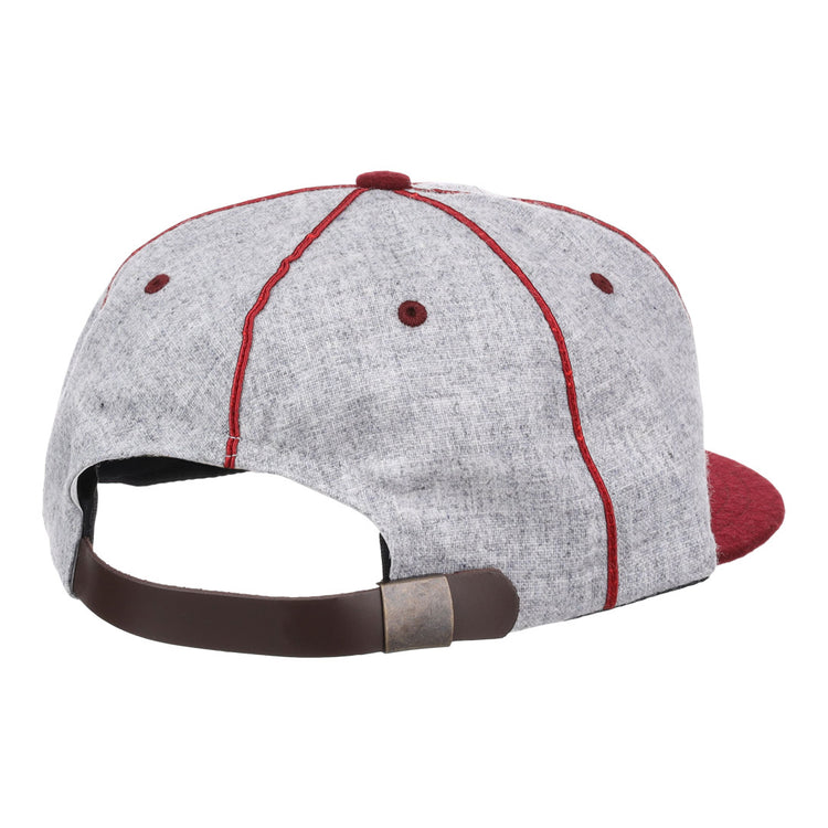 The EFF Loyola Marymount University 1939 Vintage Ballcap features a gray body, red stitching, red brim, and brown adjustable strap with metallic clasp, shown from the back in classic retro style.