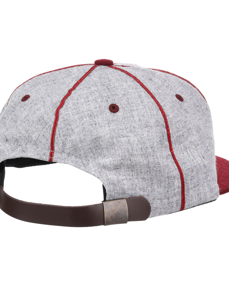The EFF Loyola Marymount University 1939 Vintage Ballcap features a gray body, red stitching, red brim, and brown adjustable strap with metallic clasp, shown from the back in classic retro style.