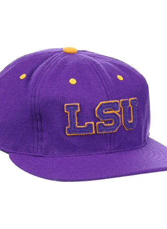 The EFF Louisiana State University Vintage Ballcap features a purple design with a yellow button and eyelets, plus bold yellow-outlined LSU embroidery—perfect for LSU Tigers and college sports fans.