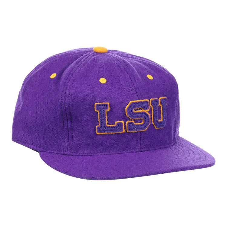 The EFF Louisiana State University Vintage Ballcap features a purple design with a yellow button and eyelets, plus bold yellow-outlined LSU embroidery—perfect for LSU Tigers and college sports fans.