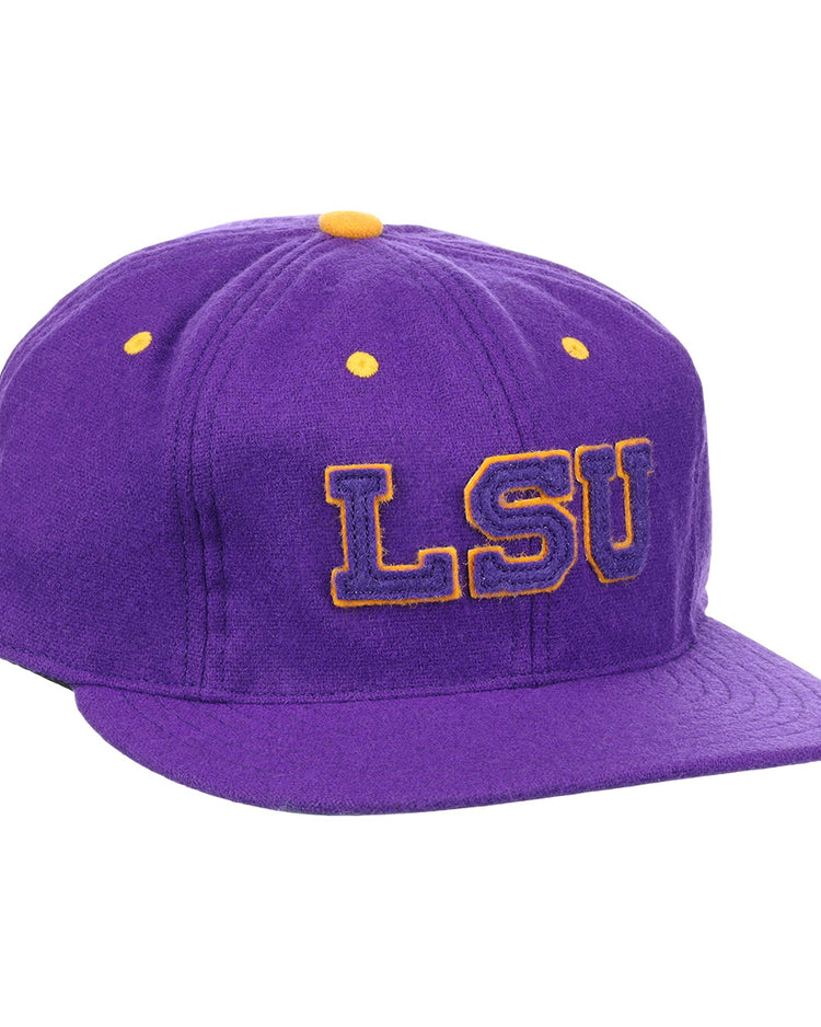 The EFF Louisiana State University Vintage Ballcap features a purple design with a yellow button and eyelets, plus bold yellow-outlined LSU embroidery—perfect for LSU Tigers and college sports fans.